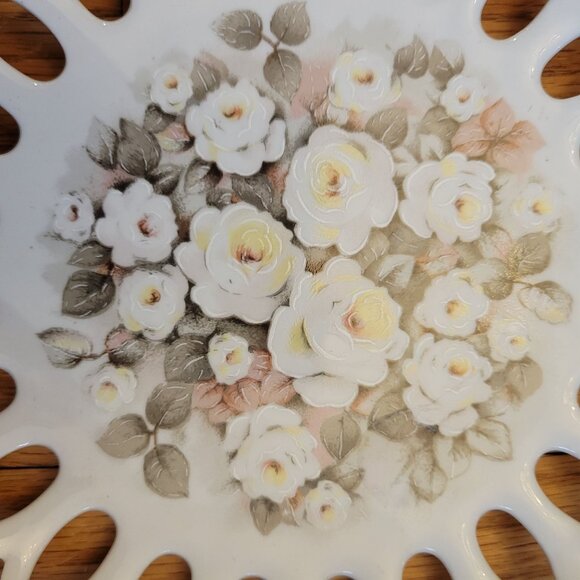 Vintage Schmidt Porcelain Cutout Plate With Floral Rose Design 9.5" Diameter Dec - Picture 3 of 5